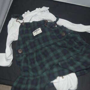 Oshkosh green plaid overall dress and white onesie 24 Months